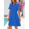 imagePRETTYGARDEN Womens Short Sleeve Mini Dress 2025 Summer V Neck Hollow Out Eyelet Ruffle A Line Swing Short DressesBlue