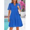 imagePRETTYGARDEN Womens Short Sleeve Mini Dress 2025 Summer V Neck Hollow Out Eyelet Ruffle A Line Swing Short DressesBlue