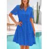 imagePRETTYGARDEN Womens Short Sleeve Mini Dress 2025 Summer V Neck Hollow Out Eyelet Ruffle A Line Swing Short DressesBlue