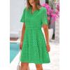 imagePRETTYGARDEN Womens Short Sleeve Mini Dress 2025 Summer V Neck Hollow Out Eyelet Ruffle A Line Swing Short DressesGreen