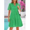 imagePRETTYGARDEN Womens Short Sleeve Mini Dress 2025 Summer V Neck Hollow Out Eyelet Ruffle A Line Swing Short DressesGreen