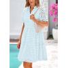 imagePRETTYGARDEN Womens Short Sleeve Mini Dress 2025 Summer V Neck Hollow Out Eyelet Ruffle A Line Swing Short DressesLight Blue
