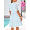 imagePRETTYGARDEN Womens Short Sleeve Mini Dress 2025 Summer V Neck Hollow Out Eyelet Ruffle A Line Swing Short DressesLight Blue