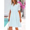 imagePRETTYGARDEN Womens Short Sleeve Mini Dress 2025 Summer V Neck Hollow Out Eyelet Ruffle A Line Swing Short DressesLight Blue