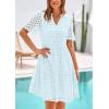 imagePRETTYGARDEN Womens Short Sleeve Mini Dress 2025 Summer V Neck Hollow Out Eyelet Ruffle A Line Swing Short DressesLight Blue