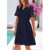 imagePRETTYGARDEN Womens Short Sleeve Mini Dress 2025 Summer V Neck Hollow Out Eyelet Ruffle A Line Swing Short DressesNavy