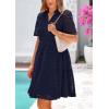 imagePRETTYGARDEN Womens Short Sleeve Mini Dress 2025 Summer V Neck Hollow Out Eyelet Ruffle A Line Swing Short DressesNavy