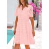 imagePRETTYGARDEN Womens Short Sleeve Mini Dress 2025 Summer V Neck Hollow Out Eyelet Ruffle A Line Swing Short DressesPink