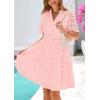 imagePRETTYGARDEN Womens Short Sleeve Mini Dress 2025 Summer V Neck Hollow Out Eyelet Ruffle A Line Swing Short DressesPink