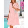 imagePRETTYGARDEN Womens Short Sleeve Mini Dress 2025 Summer V Neck Hollow Out Eyelet Ruffle A Line Swing Short DressesPink