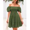 imagePRETTYGARDEN Womens Summer Puff Sleeve Mini Dress Off Shoulder Eyelet Smocked A Line Casual Babydoll Short DressesArmy Green