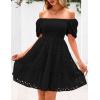 imagePRETTYGARDEN Womens Summer Puff Sleeve Mini Dress Off Shoulder Eyelet Smocked A Line Casual Babydoll Short DressesBlack