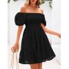 imagePRETTYGARDEN Womens Summer Puff Sleeve Mini Dress Off Shoulder Eyelet Smocked A Line Casual Babydoll Short DressesBlack