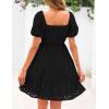 imagePRETTYGARDEN Womens Summer Puff Sleeve Mini Dress Off Shoulder Eyelet Smocked A Line Casual Babydoll Short DressesBlack