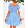 imagePRETTYGARDEN Womens Summer Puff Sleeve Mini Dress Off Shoulder Eyelet Smocked A Line Casual Babydoll Short DressesBlue
