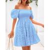 imagePRETTYGARDEN Womens Summer Puff Sleeve Mini Dress Off Shoulder Eyelet Smocked A Line Casual Babydoll Short DressesBlue