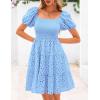 imagePRETTYGARDEN Womens Summer Puff Sleeve Mini Dress Off Shoulder Eyelet Smocked A Line Casual Babydoll Short DressesBlue