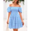 imagePRETTYGARDEN Womens Summer Puff Sleeve Mini Dress Off Shoulder Eyelet Smocked A Line Casual Babydoll Short DressesBlue