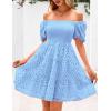 imagePRETTYGARDEN Womens Summer Puff Sleeve Mini Dress Off Shoulder Eyelet Smocked A Line Casual Babydoll Short DressesBlue