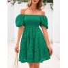 imagePRETTYGARDEN Womens Summer Puff Sleeve Mini Dress Off Shoulder Eyelet Smocked A Line Casual Babydoll Short DressesGreen