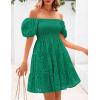 imagePRETTYGARDEN Womens Summer Puff Sleeve Mini Dress Off Shoulder Eyelet Smocked A Line Casual Babydoll Short DressesGreen