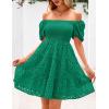 imagePRETTYGARDEN Womens Summer Puff Sleeve Mini Dress Off Shoulder Eyelet Smocked A Line Casual Babydoll Short DressesGreen