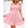 imagePRETTYGARDEN Womens Summer Puff Sleeve Mini Dress Off Shoulder Eyelet Smocked A Line Casual Babydoll Short DressesPink