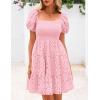imagePRETTYGARDEN Womens Summer Puff Sleeve Mini Dress Off Shoulder Eyelet Smocked A Line Casual Babydoll Short DressesPink