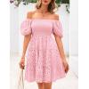 imagePRETTYGARDEN Womens Summer Puff Sleeve Mini Dress Off Shoulder Eyelet Smocked A Line Casual Babydoll Short DressesPink