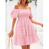 imagePRETTYGARDEN Womens Summer Puff Sleeve Mini Dress Off Shoulder Eyelet Smocked A Line Casual Babydoll Short DressesPink