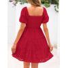 imagePRETTYGARDEN Womens Summer Puff Sleeve Mini Dress Off Shoulder Eyelet Smocked A Line Casual Babydoll Short DressesRed