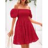 imagePRETTYGARDEN Womens Summer Puff Sleeve Mini Dress Off Shoulder Eyelet Smocked A Line Casual Babydoll Short DressesRed