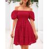 imagePRETTYGARDEN Womens Summer Puff Sleeve Mini Dress Off Shoulder Eyelet Smocked A Line Casual Babydoll Short DressesRed