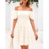 imagePRETTYGARDEN Womens Summer Puff Sleeve Mini Dress Off Shoulder Eyelet Smocked A Line Casual Babydoll Short DressesWhite