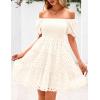 imagePRETTYGARDEN Womens Summer Puff Sleeve Mini Dress Off Shoulder Eyelet Smocked A Line Casual Babydoll Short DressesWhite