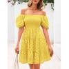 imagePRETTYGARDEN Womens Summer Puff Sleeve Mini Dress Off Shoulder Eyelet Smocked A Line Casual Babydoll Short DressesYellow