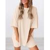 imagePRETTYGARDEN Womens Two Piece Lounge Set 2025 Summer Casual Oversized Shirts Biker Shorts Matching Airport Travel OutfitBeige