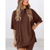 imagePRETTYGARDEN Womens Two Piece Lounge Set 2025 Summer Casual Oversized Shirts Biker Shorts Matching Airport Travel OutfitLight Coffee