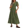 imagePRETTYGARDEN Womens 2025 Summer Maxi Dress Short Sleeve V Neck Hollow Out Eyelet A Line Long Flowy Beach Vacation DressesArmy Green