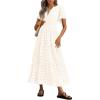 imagePRETTYGARDEN Womens 2025 Summer Maxi Dress Short Sleeve V Neck Hollow Out Eyelet A Line Long Flowy Beach Vacation DressesBeige White
