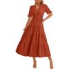 imagePRETTYGARDEN Womens 2025 Summer Midi Dress Short Sleeve V Neck Ruffle Tiered Flowy A Line Casual Beach Dress with PocketsBrick Red