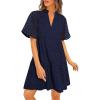 imagePRETTYGARDEN Womens Short Sleeve Mini Dress 2025 Summer V Neck Hollow Out Eyelet Ruffle A Line Swing Short DressesNavy