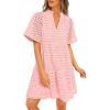 imagePRETTYGARDEN Womens Short Sleeve Mini Dress 2025 Summer V Neck Hollow Out Eyelet Ruffle A Line Swing Short DressesPink