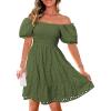 imagePRETTYGARDEN Womens Summer Puff Sleeve Mini Dress Off Shoulder Eyelet Smocked A Line Casual Babydoll Short DressesArmy Green