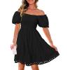 imagePRETTYGARDEN Womens Summer Puff Sleeve Mini Dress Off Shoulder Eyelet Smocked A Line Casual Babydoll Short DressesBlack