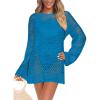 imagePRETTYGARDEN Womens Swimsuit Cover Up Long Sleeve Knit Crochet Bathing Suit Swimwear Beach Dress Summer Vacation OutfitsBlue