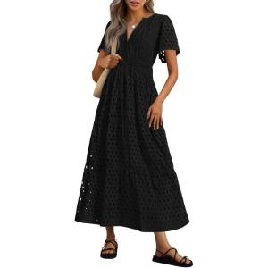 imagePRETTYGARDEN Womens 2025 Summer Maxi Dress Short Sleeve V Neck Hollow Out Eyelet A Line Long Flowy Beach Vacation DressesBlack
