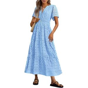 imagePRETTYGARDEN Womens 2025 Summer Maxi Dress Short Sleeve V Neck Hollow Out Eyelet A Line Long Flowy Beach Vacation DressesLight Blue