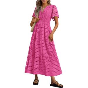 imagePRETTYGARDEN Womens 2025 Summer Maxi Dress Short Sleeve V Neck Hollow Out Eyelet A Line Long Flowy Beach Vacation DressesRose Red