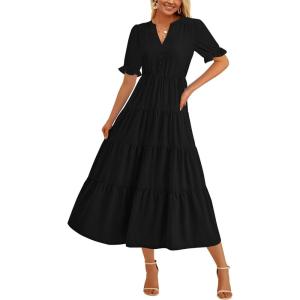 imagePRETTYGARDEN Womens 2025 Summer Midi Dress Short Sleeve V Neck Ruffle Tiered Flowy A Line Casual Beach Dress with PocketsBlack